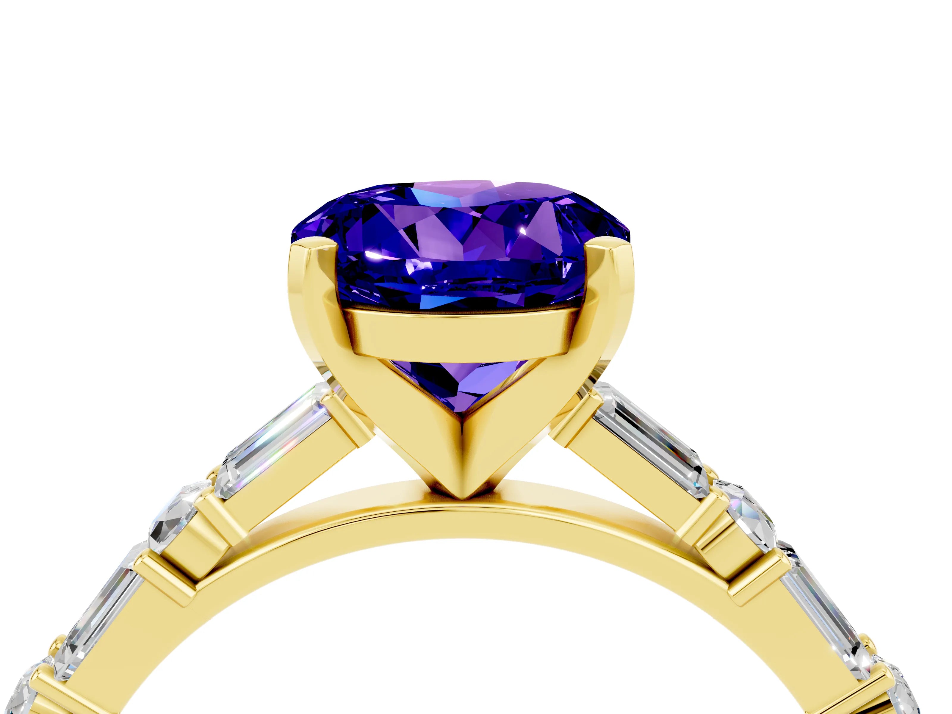 Yellow gold Round Cut Tanzanite Solitaire with Side Baguettes and Channel Set Band_4