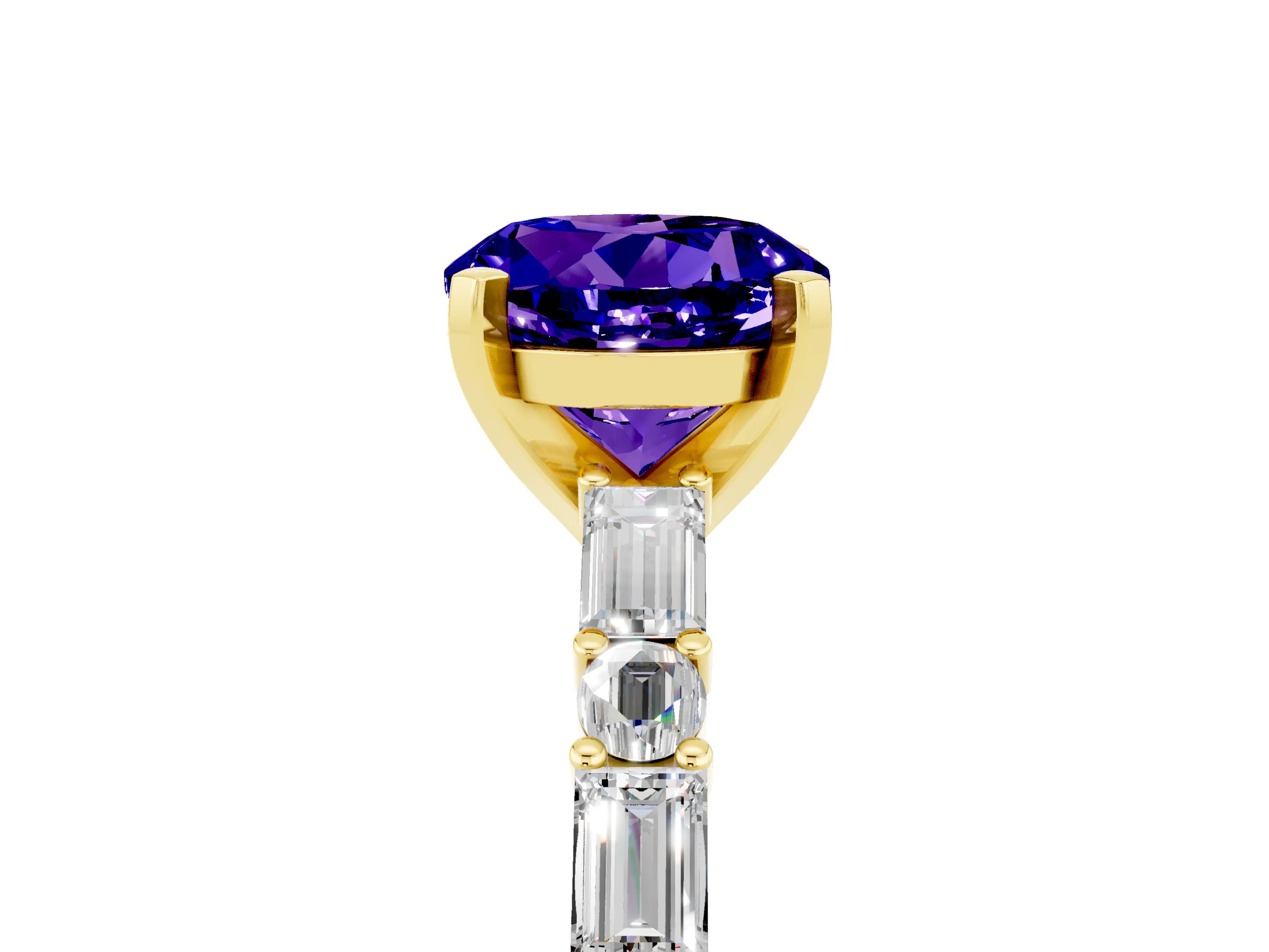 Yellow gold Round Cut Tanzanite Solitaire with Side Baguettes and Channel Set Band_5