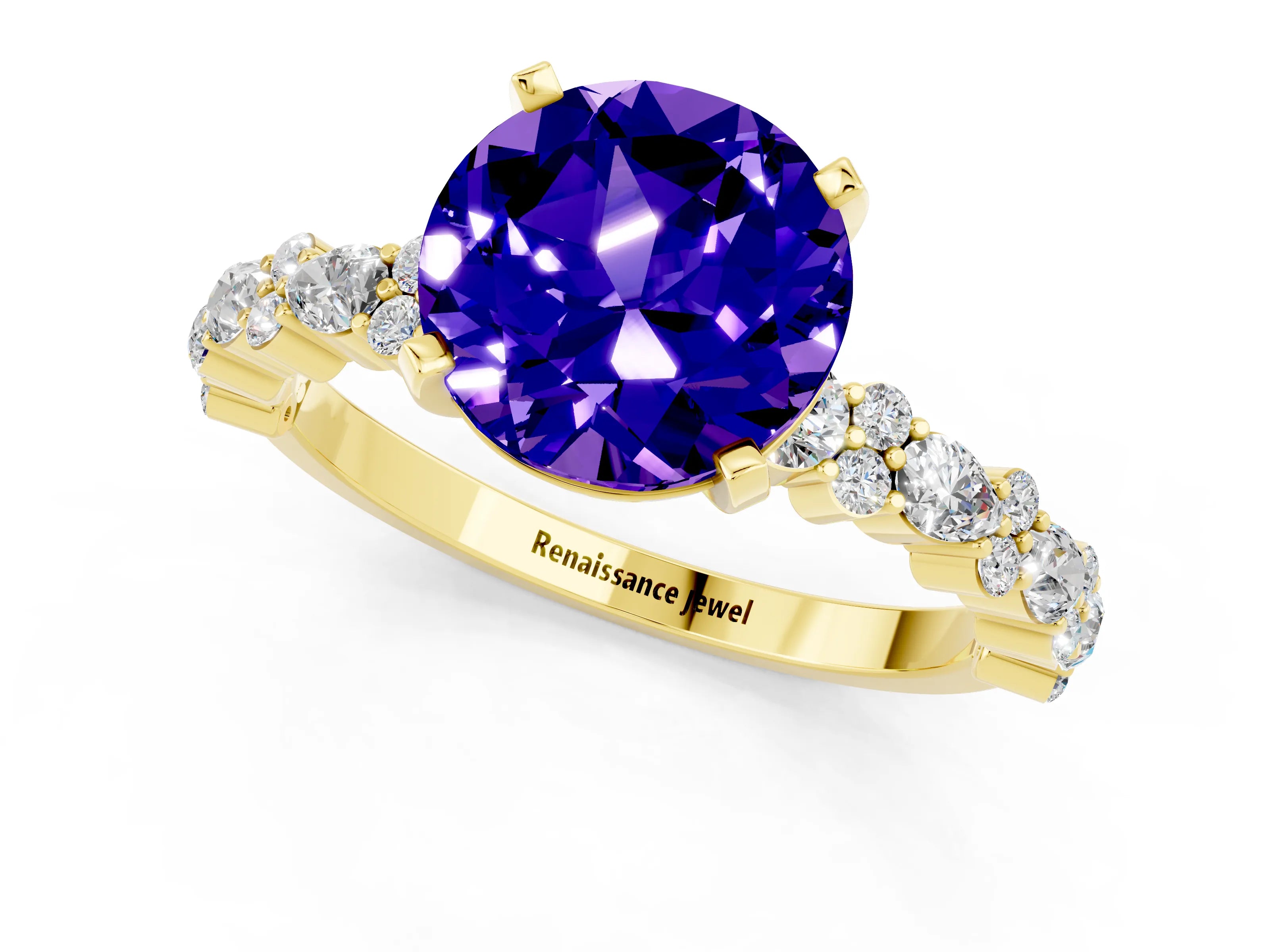 Yellow gold Round Cut Tanzanite Solitaire with Side Stones, Pave Band, Four-Prong Setting_13