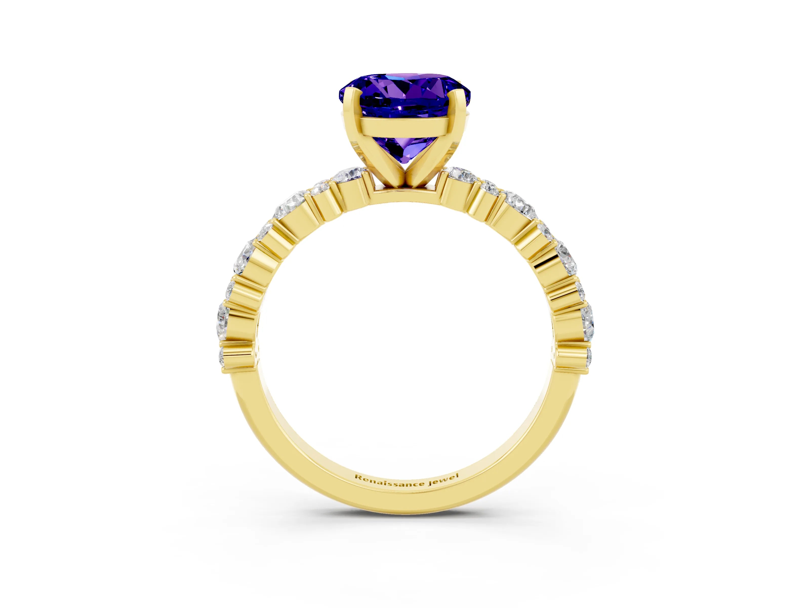 Yellow gold Round Cut Tanzanite Solitaire with Side Stones, Pave Band, Four-Prong Setting_15