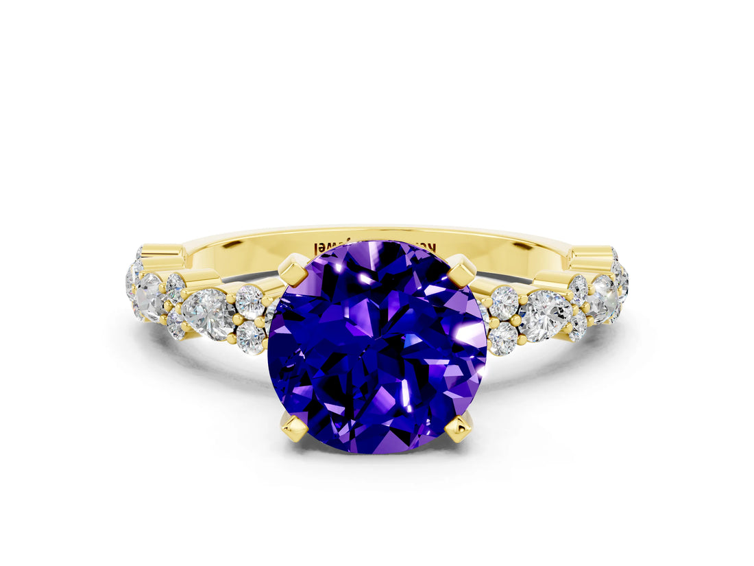 Yellow gold Round Cut Tanzanite Solitaire with Side Stones, Pave Band, Four-Prong Setting_36