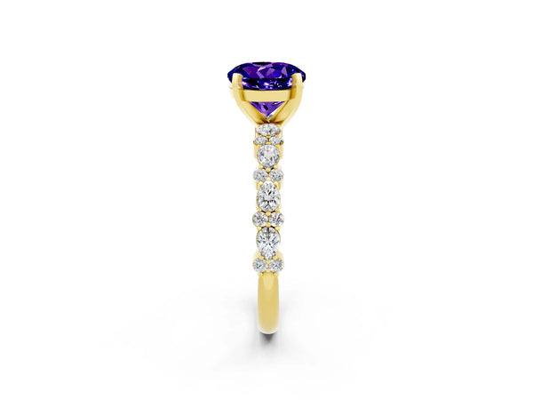Yellow gold Round Cut Tanzanite Side Stone Solitaire Ring with Round  and Four-Prong Setting