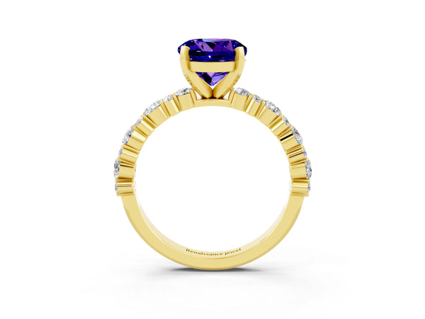 Yellow gold Round Cut Tanzanite Side Stone Solitaire Ring with Round  and Four-Prong Setting