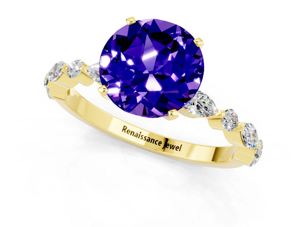 Yellow gold Round Cut Tanzanite Ring with Marquise and Round  Side Stones and Four-Prong Setting