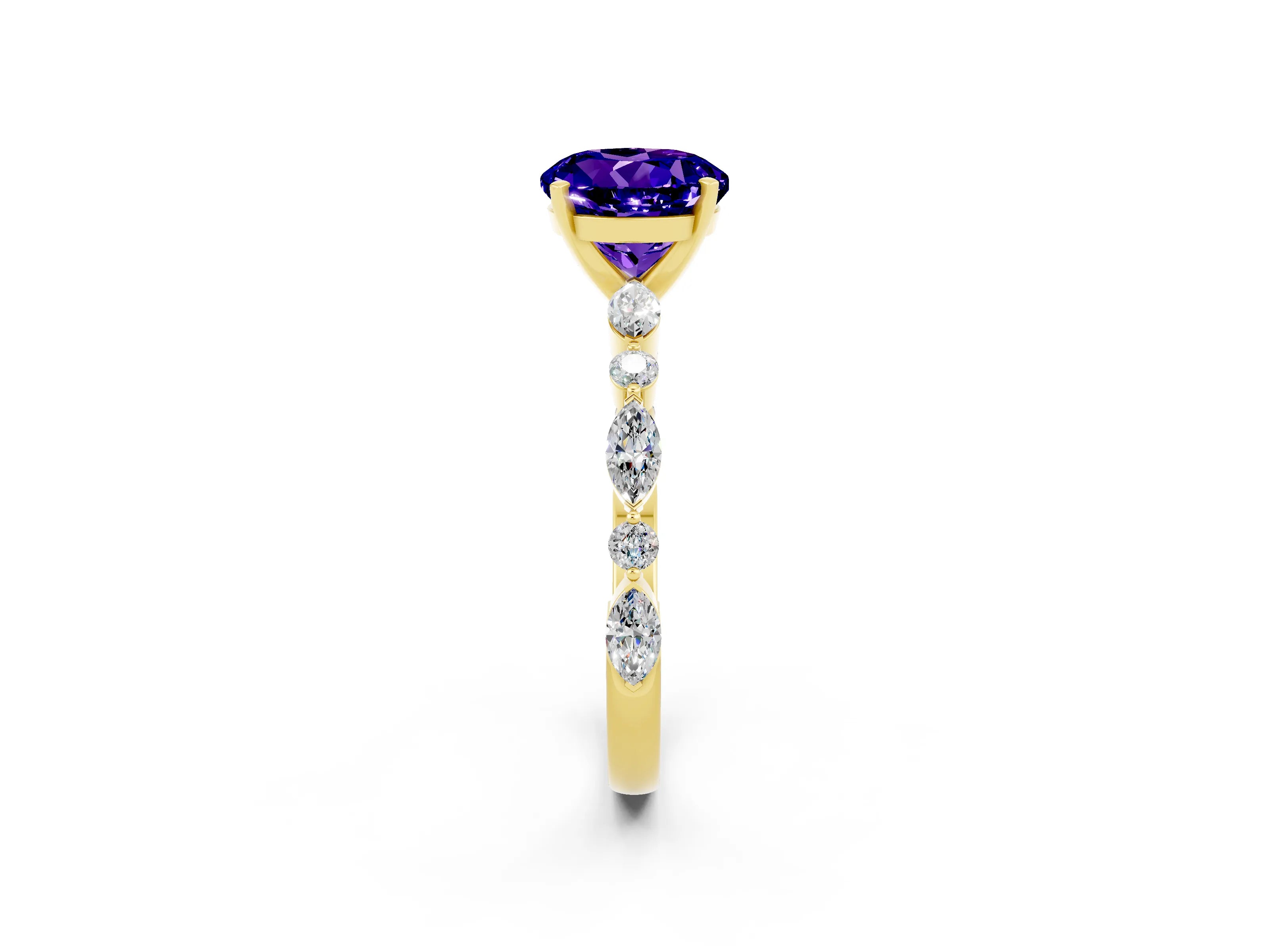 Yellow gold Round Cut Tanzanite Solitaire with Side Stones on a Pavé Band and Four-Prong Setting_2