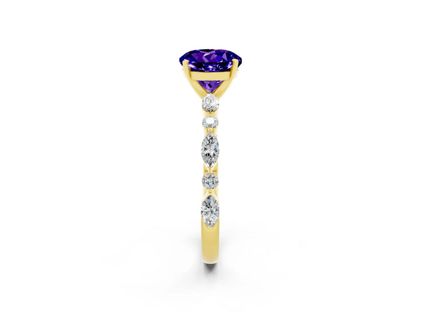 Yellow gold Round Cut Tanzanite Ring with Marquise and Round  Side Stones and Four-Prong Setting