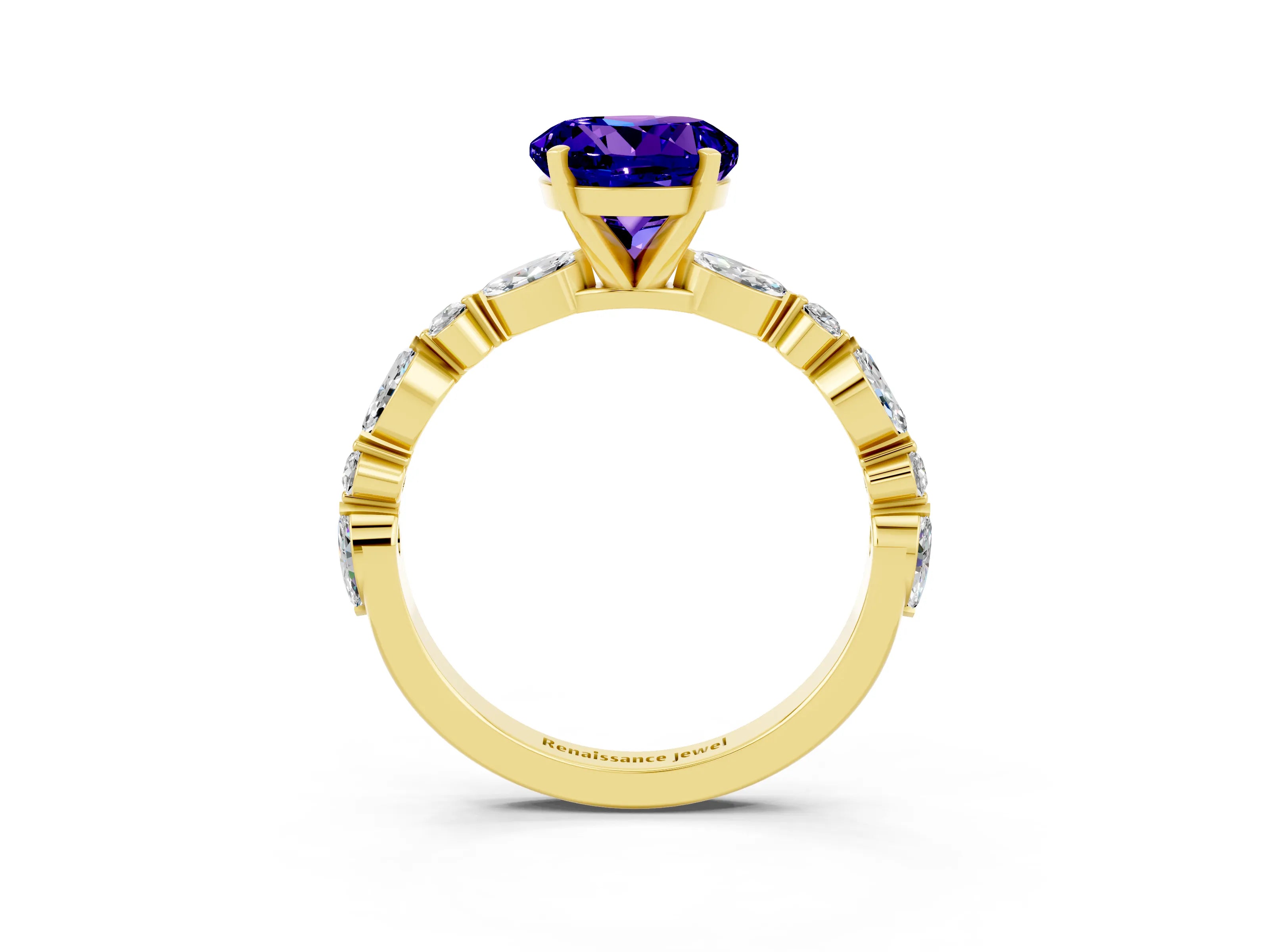 Yellow gold Round Cut Tanzanite Solitaire with Side Stones on a Pavé Band and Four-Prong Setting_3