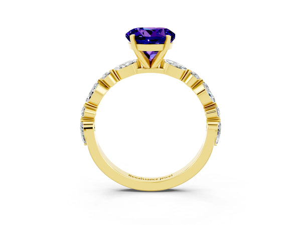 Yellow gold Round Cut Tanzanite Ring with Marquise and Round  Side Stones and Four-Prong Setting