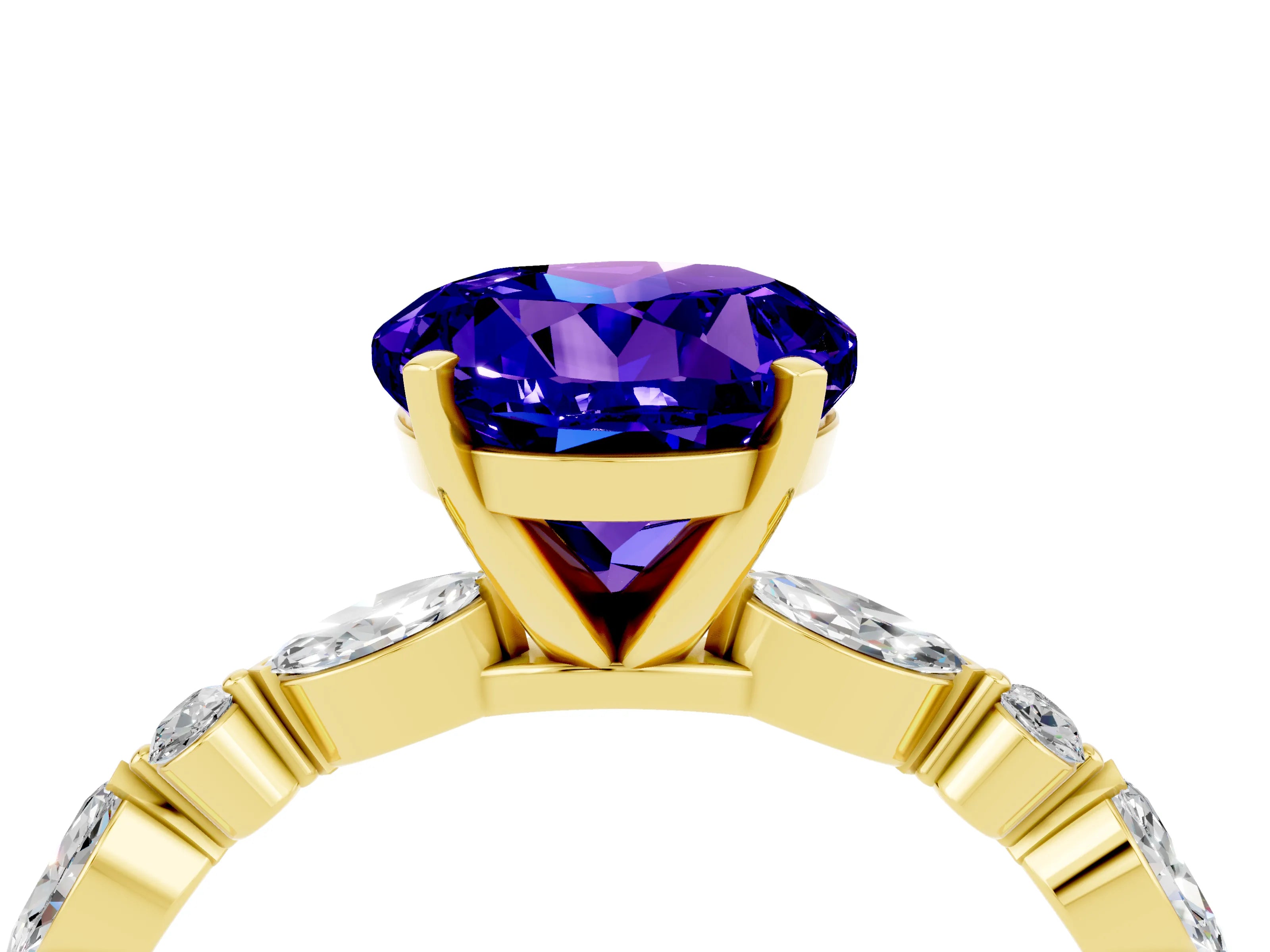 Yellow gold Round Cut Tanzanite Solitaire with Side Stones on a Pavé Band and Four-Prong Setting_4
