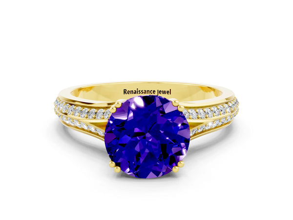 Yellow gold Round Cut Tanzanite Split Shank Engagement Ring with Pavé Band