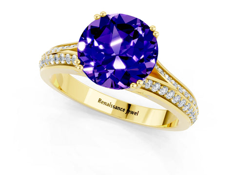 Yellow gold Round Cut Tanzanite Split Shank Engagement Ring with Pavé Band_1