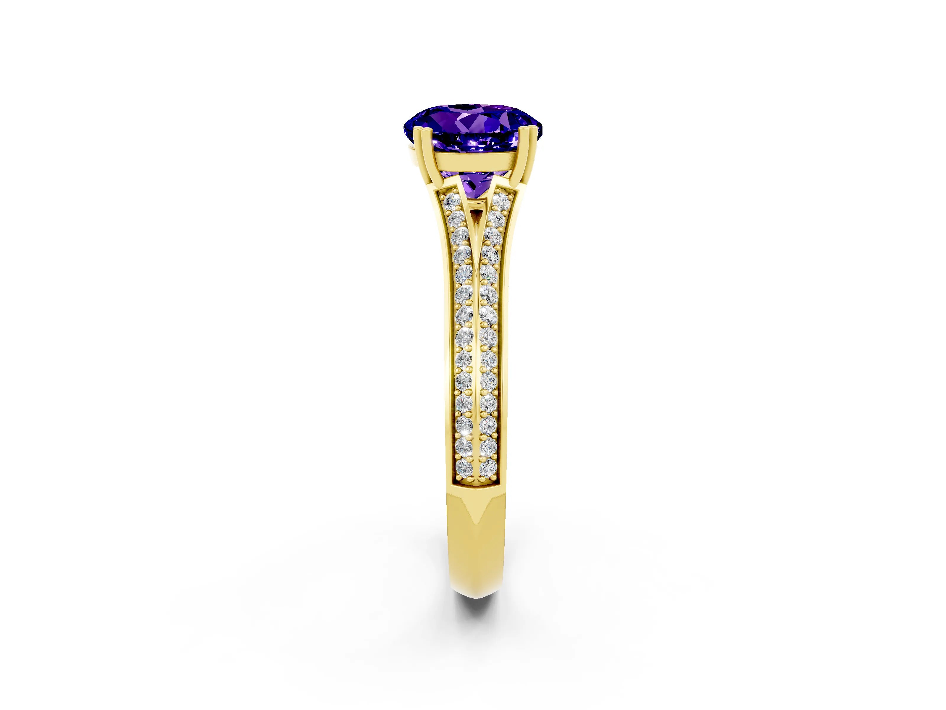 Yellow gold Round Cut Tanzanite Split Shank Engagement Ring with Pavé Band_2