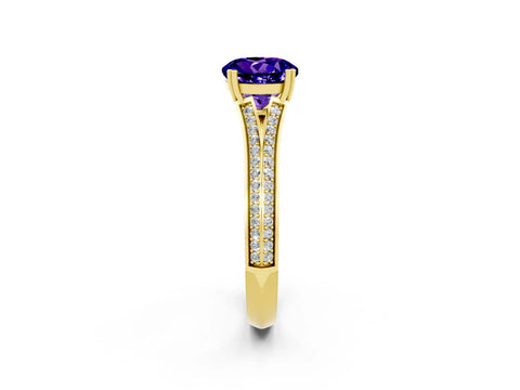 Yellow gold Round Cut Tanzanite Split Shank Engagement Ring with Pavé Band_2