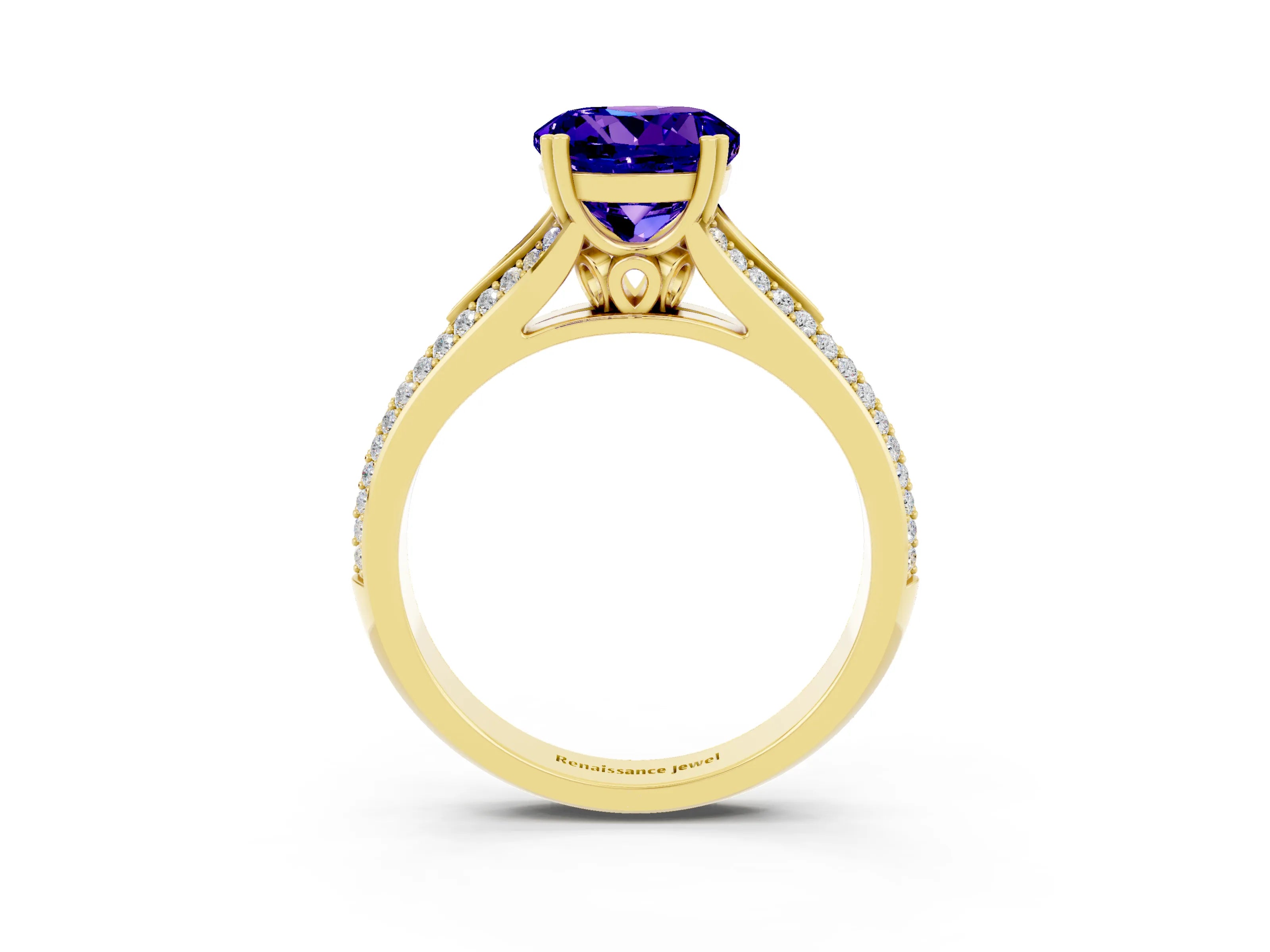 Yellow gold Round Cut Tanzanite Split Shank Engagement Ring with Pavé Band_3