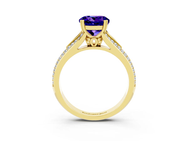 Yellow gold Round Cut Tanzanite Split Shank Engagement Ring with Pavé Band