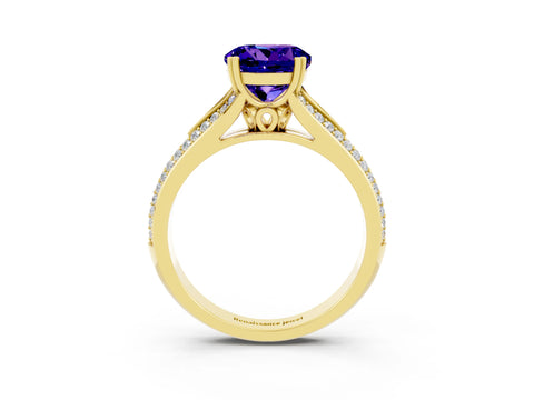 Yellow gold Round Cut Tanzanite Split Shank Engagement Ring with Pavé Band_3