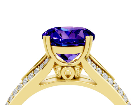 Yellow gold Round Cut Tanzanite Split Shank Engagement Ring with Pavé Band_4