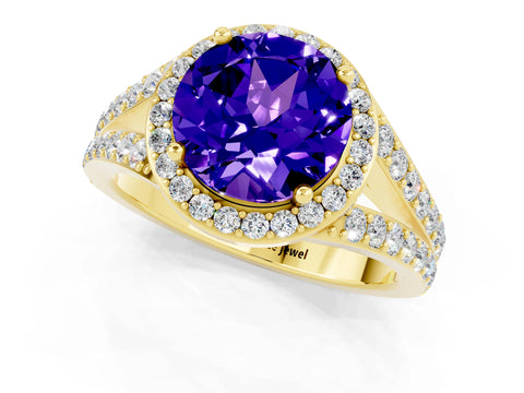 Yellow gold Round Cut Tanzanite Split Shank Halo Ring with Four-Prong Setting_13