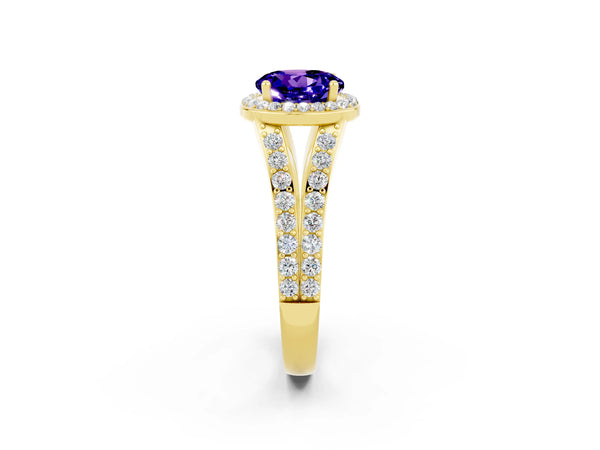Yellow gold Round Cut Tanzanite Split Shank Halo Ring with Four-Prong Setting