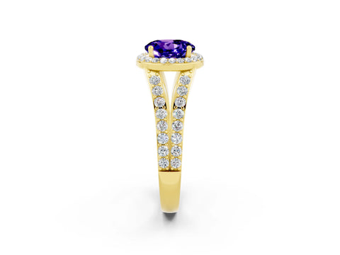 Yellow gold Round Cut Tanzanite Split Shank Halo Ring with Four-Prong Setting_14