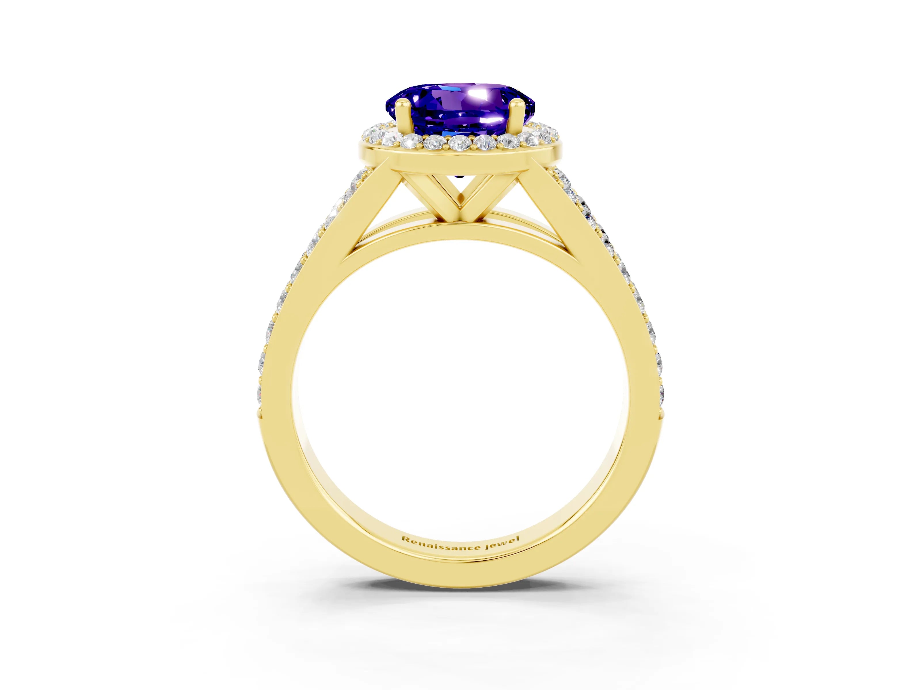 Yellow gold Round Cut Tanzanite Split Shank Halo Ring with Four-Prong Setting_15