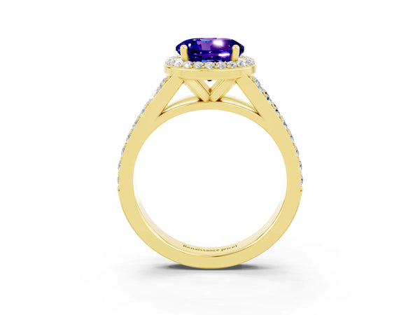 Yellow gold Round Cut Tanzanite Split Shank Halo Ring with Four-Prong Setting