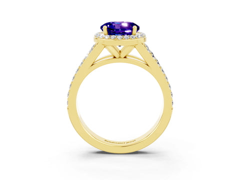 Yellow gold Round Cut Tanzanite Split Shank Halo Ring with Four-Prong Setting_15
