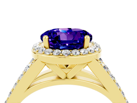Yellow gold Round Cut Tanzanite Split Shank Halo Ring with Four-Prong Setting_16