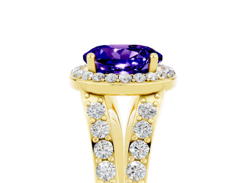 Yellow gold Round Cut Tanzanite Split Shank Halo Ring with Four-Prong Setting_17