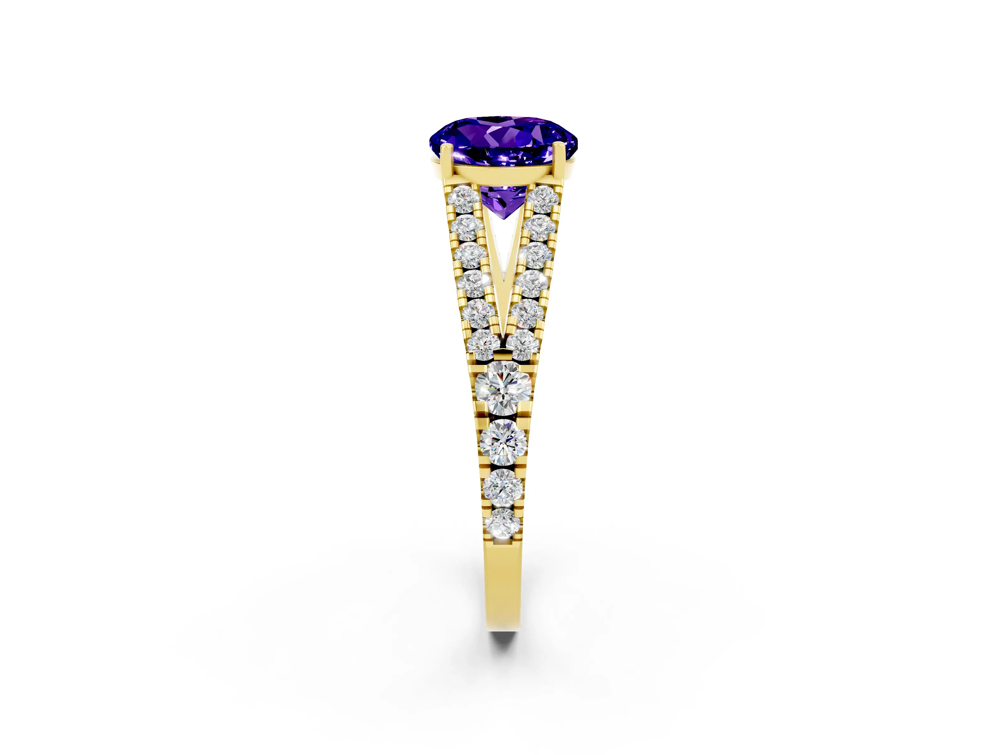 Yellow gold Round Cut Tanzanite Split Shank Pavé Engagement Ring with Four-Prong Setting_14