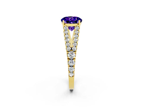 Yellow gold Round Cut Tanzanite Split Shank Pavé Engagement Ring with Four-Prong Setting_14