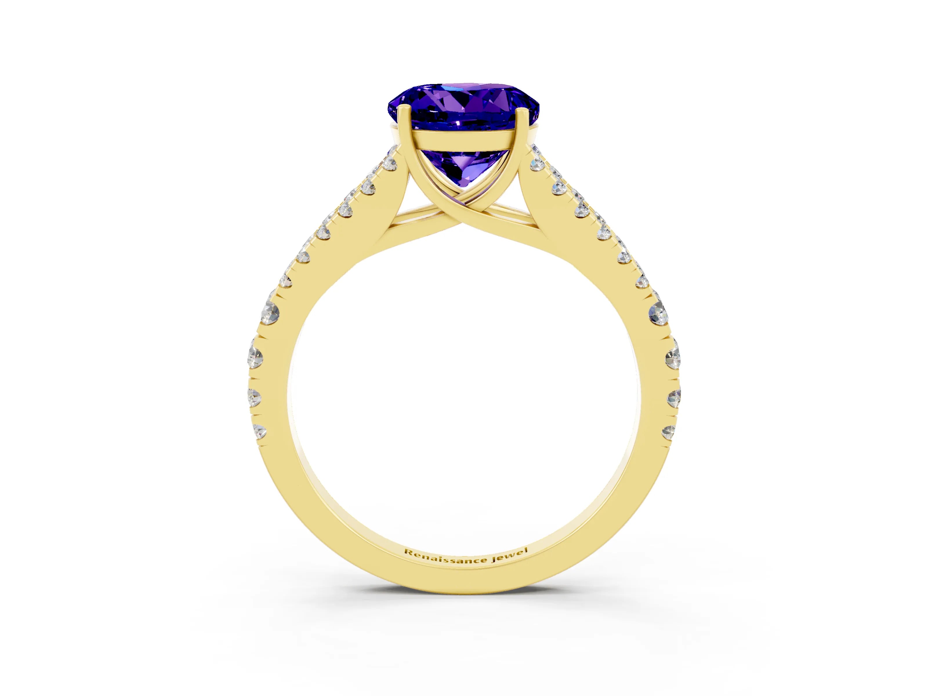 Yellow gold Round Cut Tanzanite Split Shank Pavé Engagement Ring with Four-Prong Setting_15