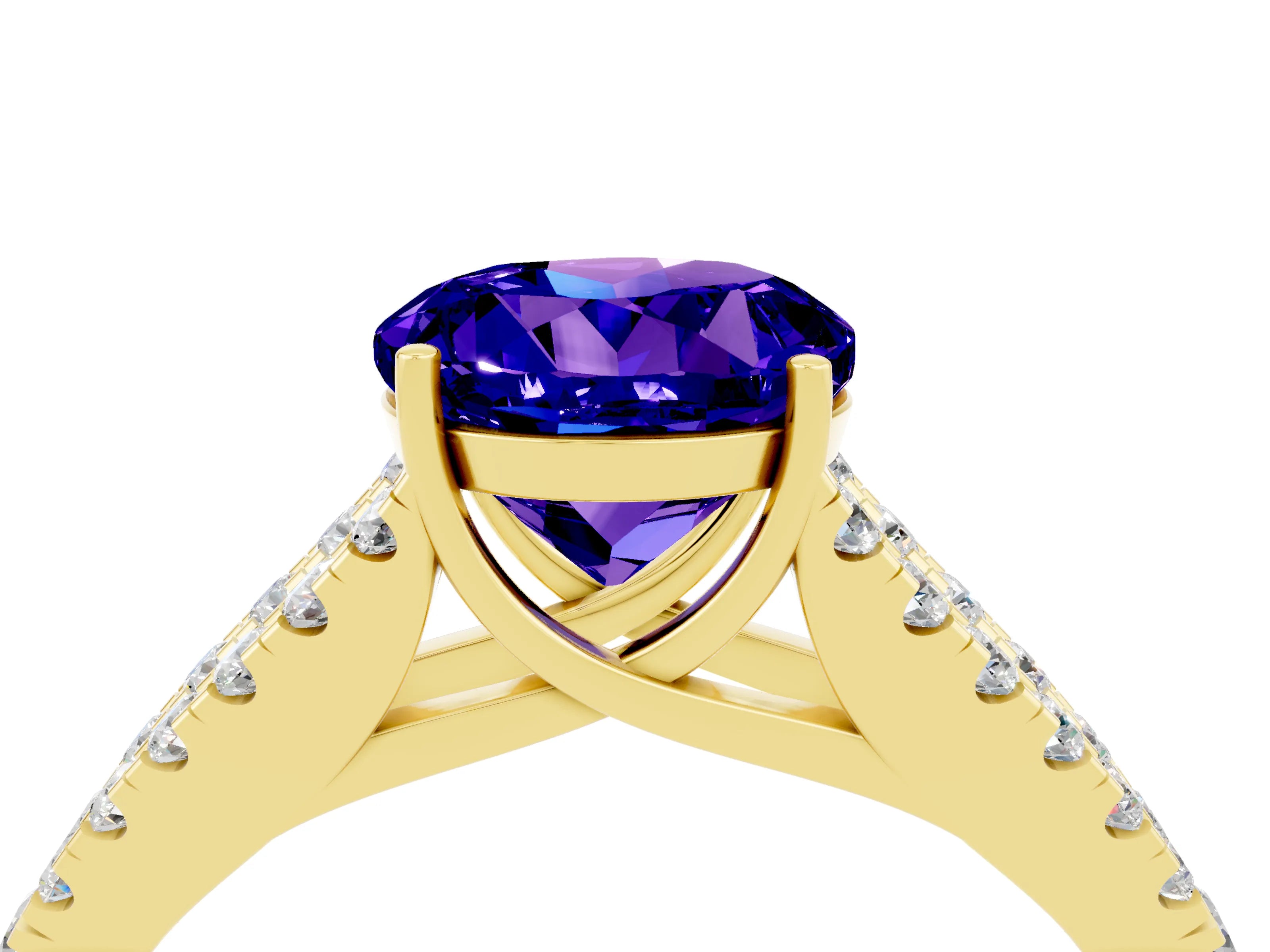 Yellow gold Round Cut Tanzanite Split Shank Pavé Engagement Ring with Four-Prong Setting_16