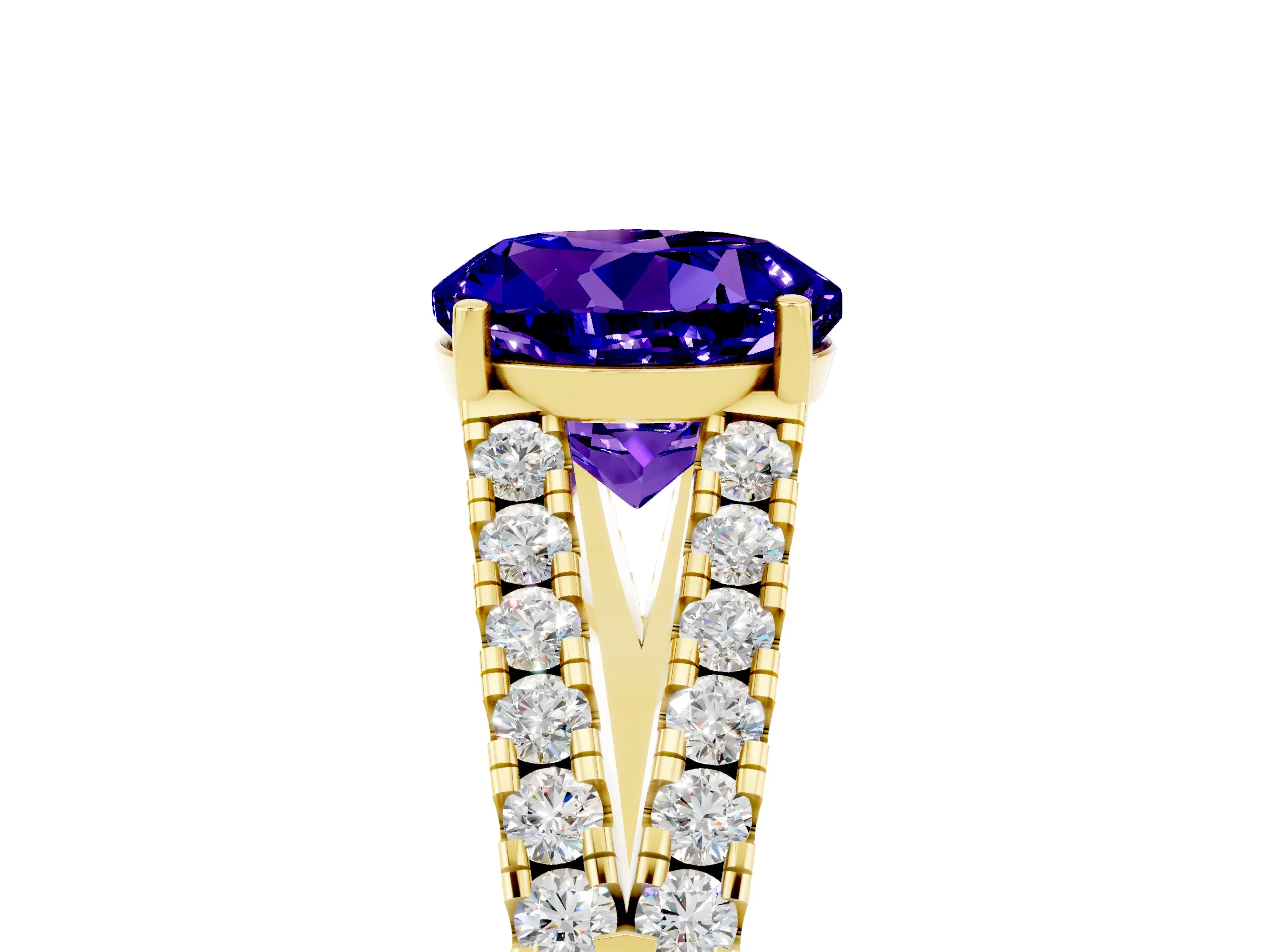 Yellow gold Round Cut Tanzanite Split Shank Pavé Engagement Ring with Four-Prong Setting_17