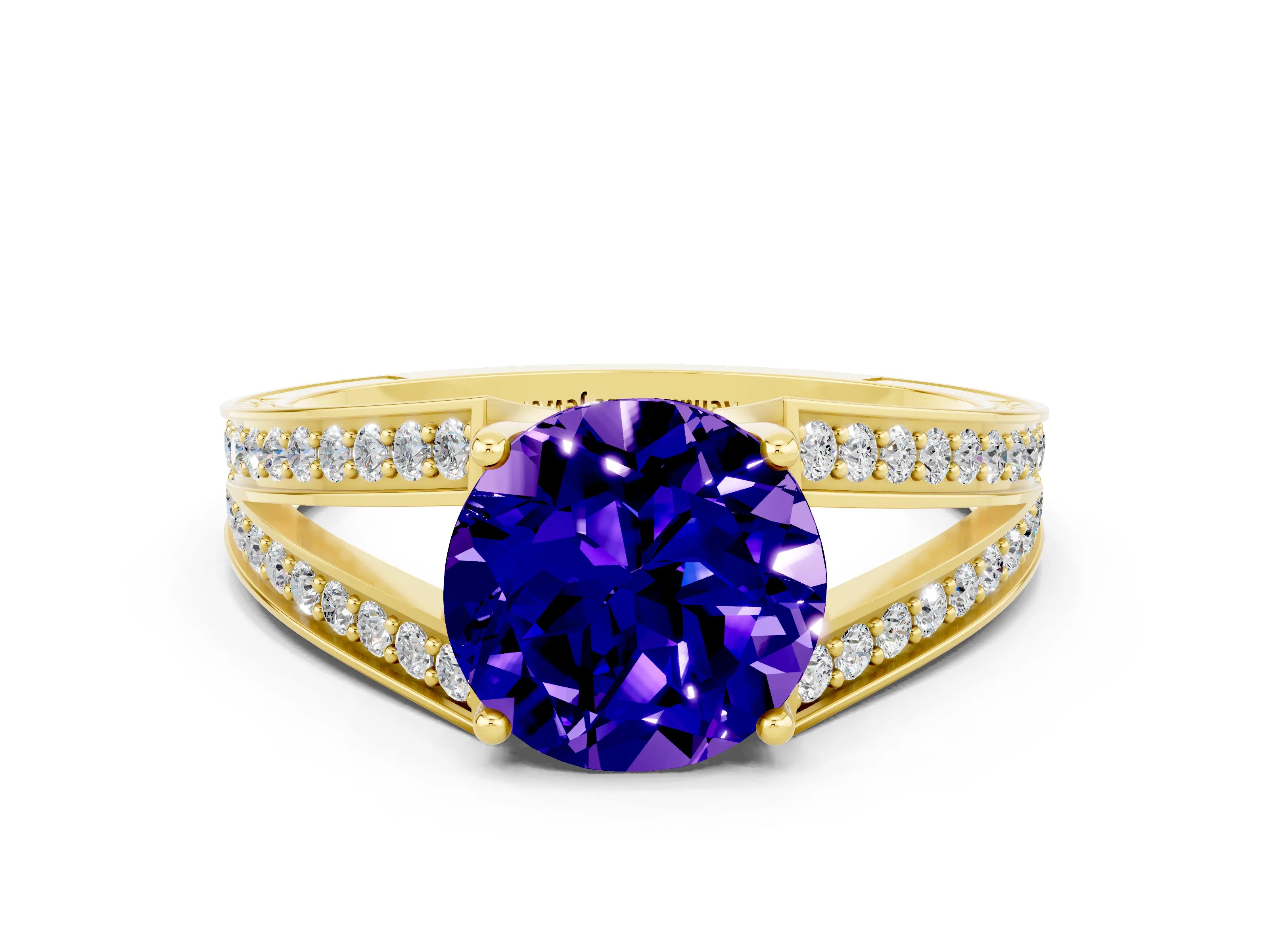 Yellow gold Round Cut Tanzanite Split Shank Ring with Pavé Band and Four-Prong Setting