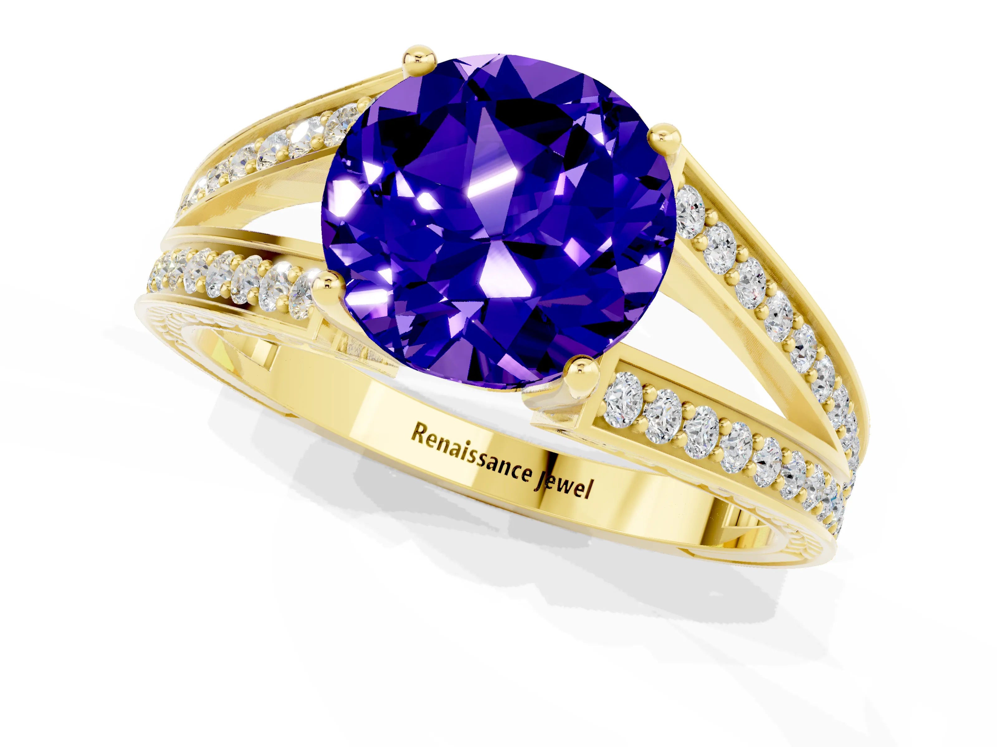 Yellow gold Round Cut Tanzanite Split Shank Ring with Pavé Band and Four-Prong Setting_1