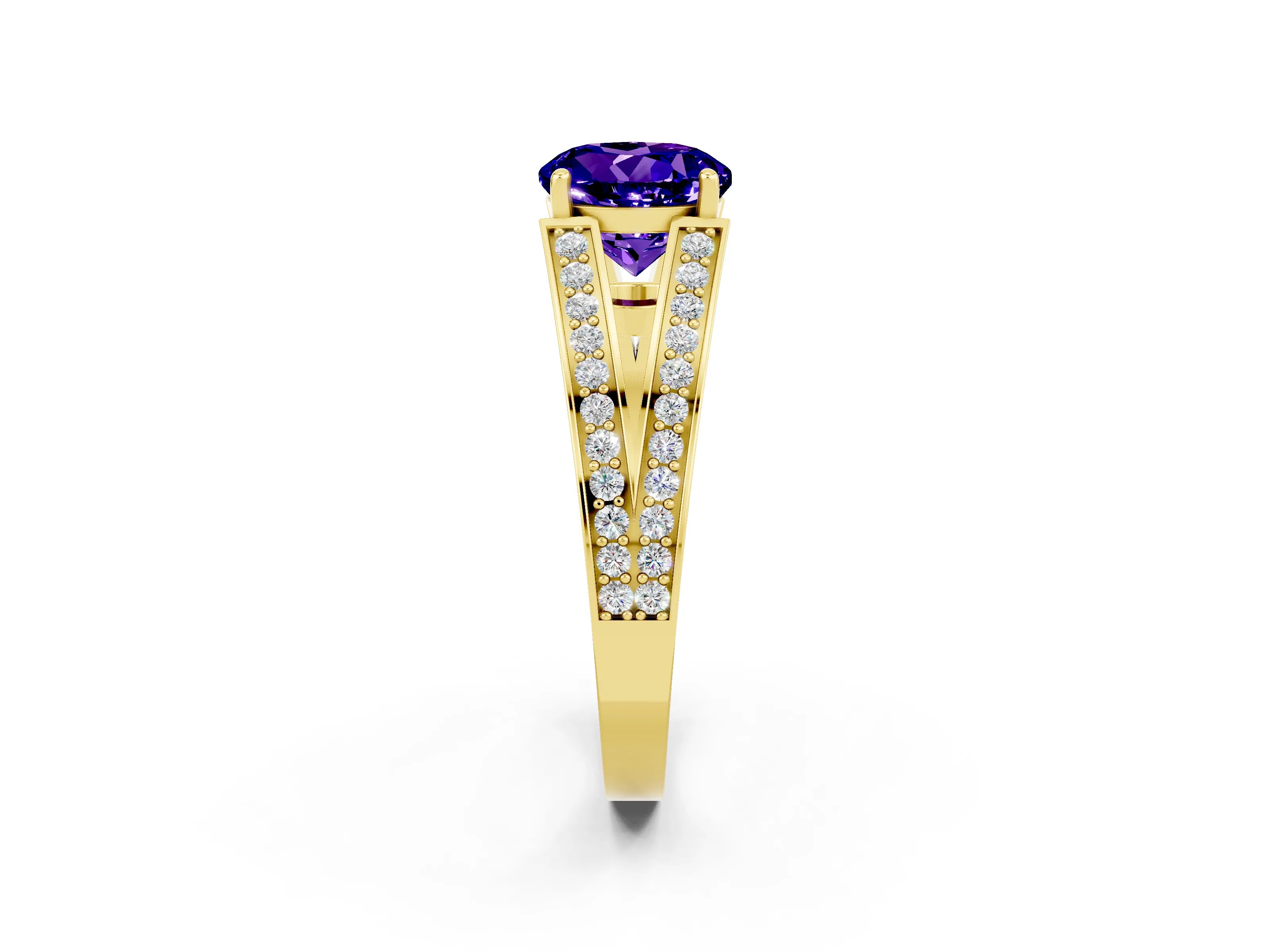 Yellow gold Round Cut Tanzanite Split Shank Ring with Pavé Band and Four-Prong Setting_2