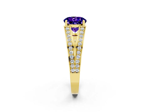 Yellow gold Round Cut Tanzanite Split Shank Ring with Pavé Band and Four-Prong Setting_2