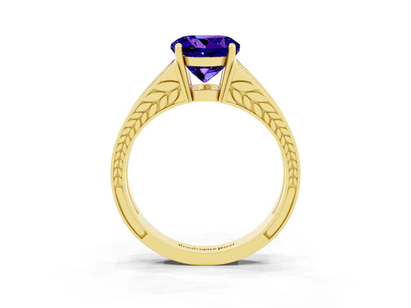 Yellow gold Round Cut Tanzanite Split Shank Ring with Pavé Band and Four-Prong Setting