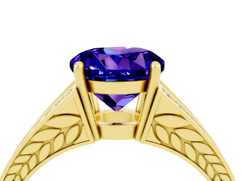Yellow gold Round Cut Tanzanite Split Shank Ring with Pavé Band and Four-Prong Setting_4