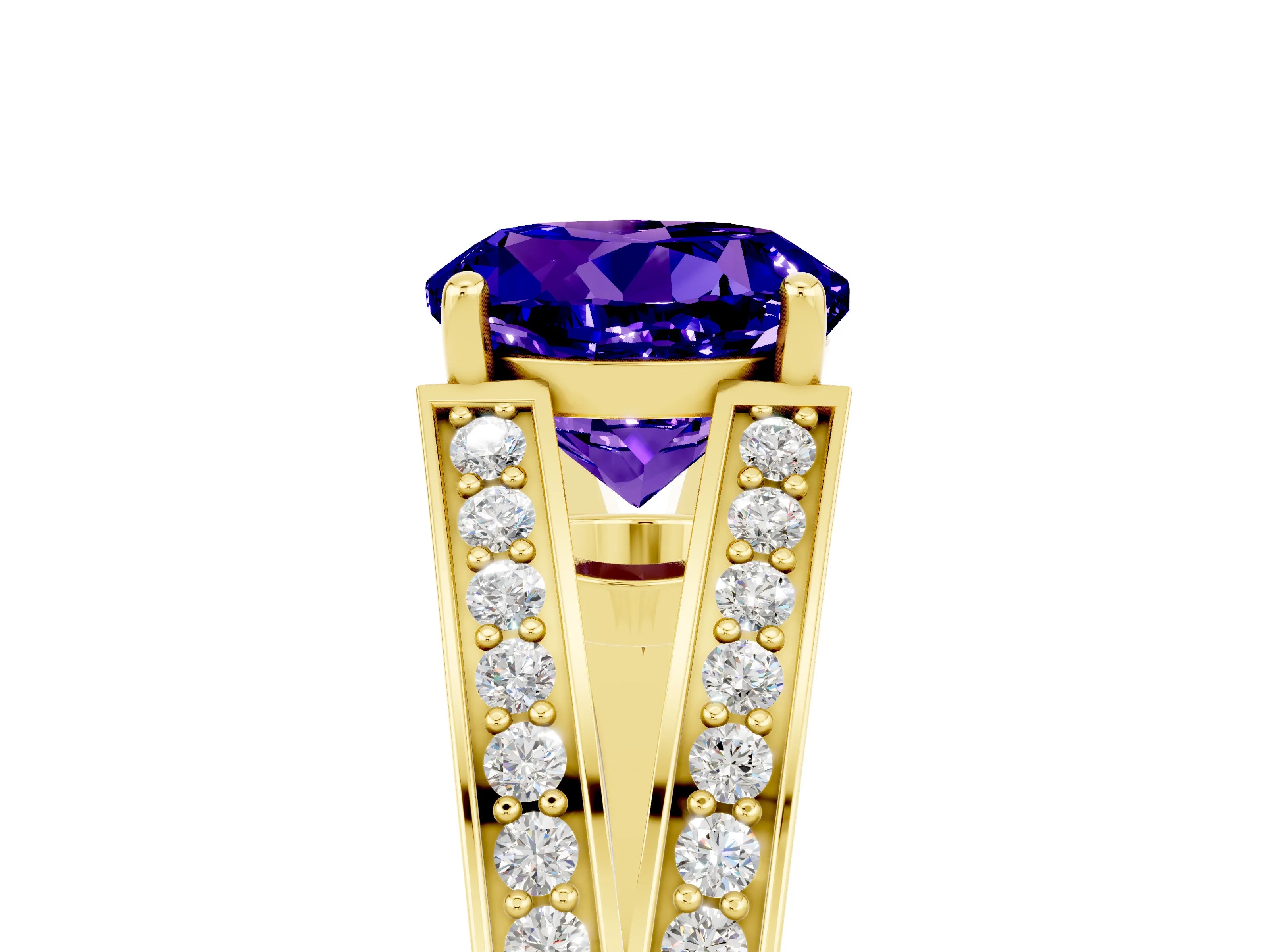 Yellow gold Round Cut Tanzanite Split Shank Ring with Pavé Band and Four-Prong Setting_5