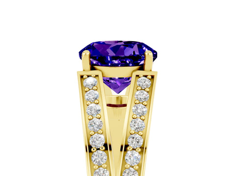 Yellow gold Round Cut Tanzanite Split Shank Ring with Pavé Band and Four-Prong Setting_5