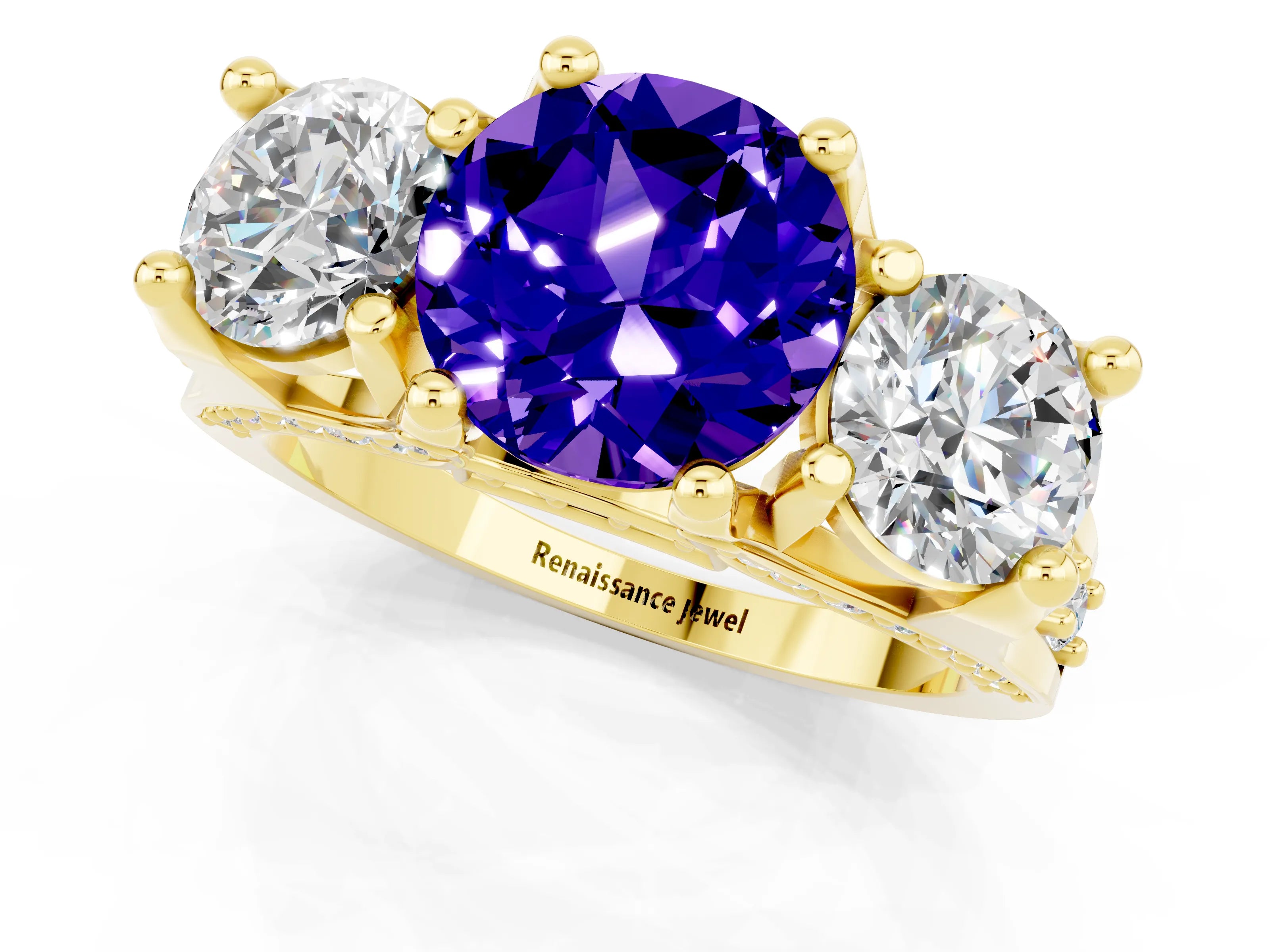 Yellow gold Round Cut Tanzanite Three-Stone Ring with Channel Set Band and Four-Prong Setting_1