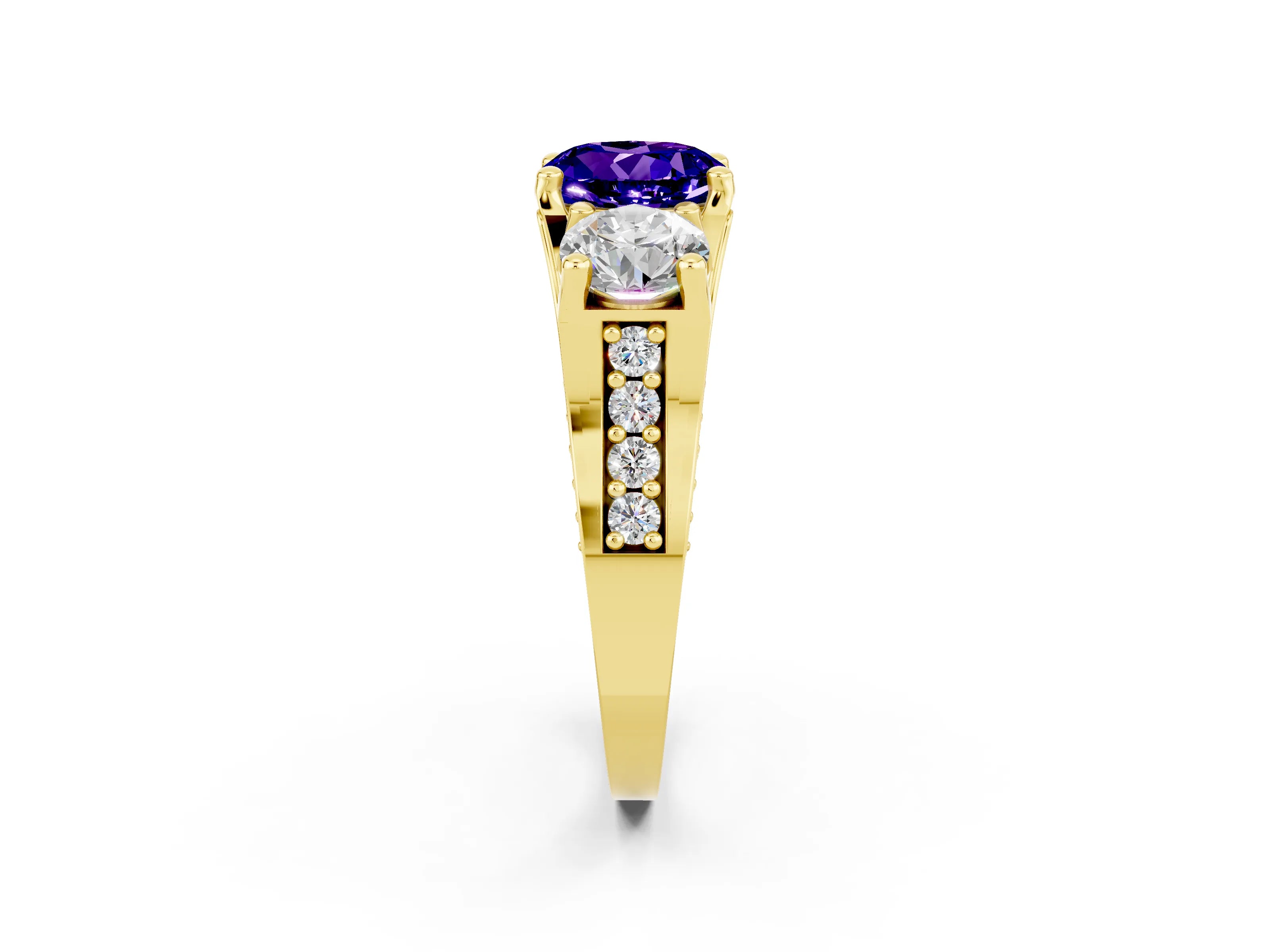 Yellow gold Round Cut Tanzanite Three-Stone Ring with Channel Set Band and Four-Prong Setting_2