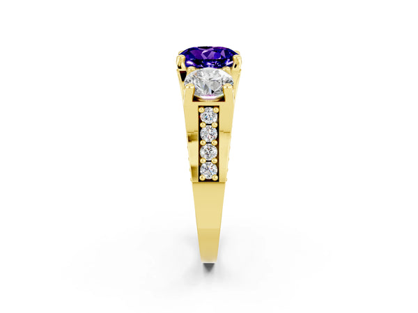 Yellow gold Round Cut Tanzanite Three-Stone Ring with Channel Set Band and Four-Prong Setting