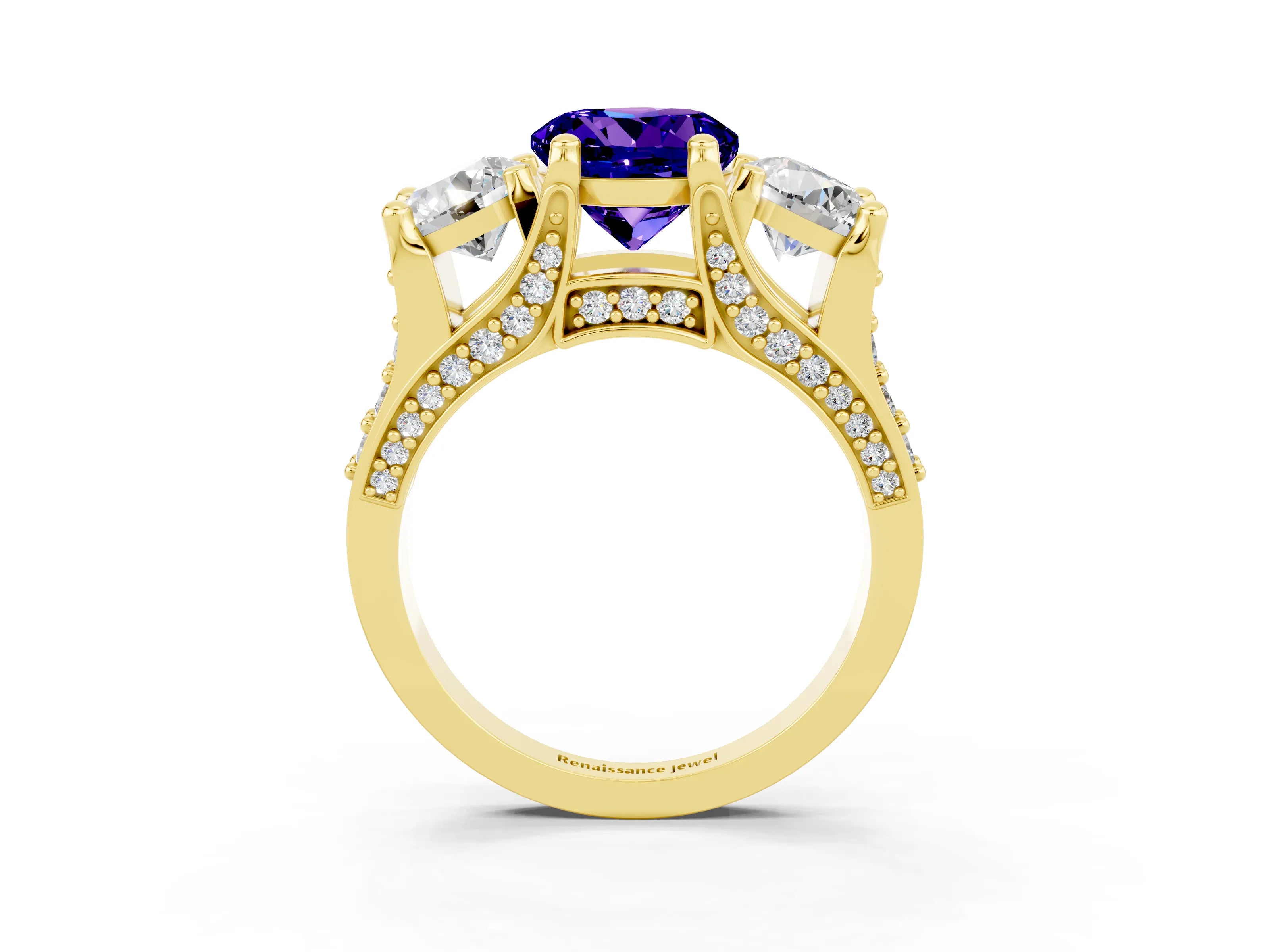 Yellow gold Round Cut Tanzanite Three-Stone Ring with Channel Set Band and Four-Prong Setting_3
