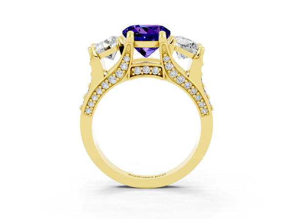 Yellow gold Round Cut Tanzanite Three-Stone Ring with Channel Set Band and Four-Prong Setting