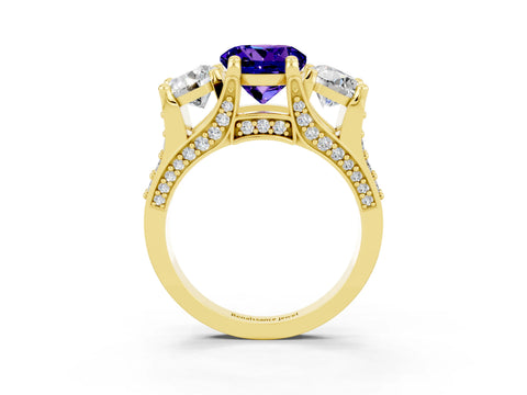 Yellow gold Round Cut Tanzanite Three-Stone Ring with Channel Set Band and Four-Prong Setting_3