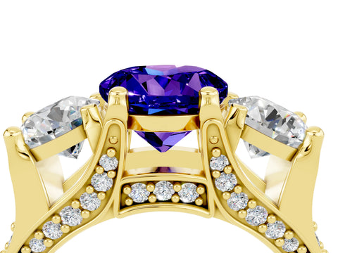 Yellow gold Round Cut Tanzanite Three-Stone Ring with Channel Set Band and Four-Prong Setting_4