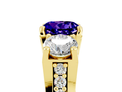 Yellow gold Round Cut Tanzanite Three-Stone Ring with Channel Set Band and Four-Prong Setting_5